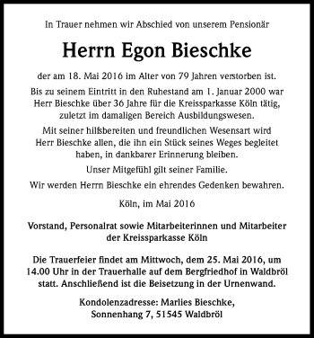 Anzeige von Egon Bieschke von Kölner Stadt-Anzeiger / Kölnische Rundschau / Express