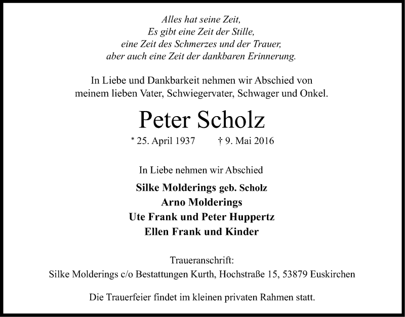  Traueranzeige für Peter Scholz vom 18.05.2016 aus Kölner Stadt-Anzeiger / Kölnische Rundschau / Express