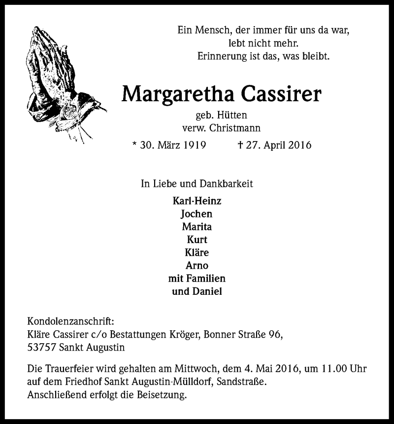  Traueranzeige für Margaretha Cassirer vom 30.04.2016 aus Kölner Stadt-Anzeiger / Kölnische Rundschau / Express