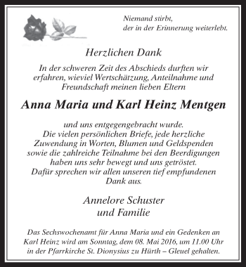 Anzeige von Anna Maria und Karl Heinz Mentgen von  Wochenende 