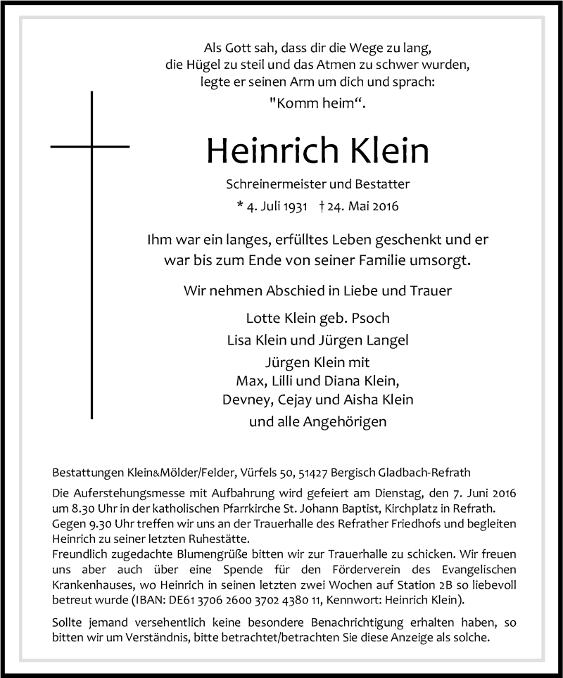  Traueranzeige für Heinrich Klein vom 01.06.2016 aus Kölner Stadt-Anzeiger / Kölnische Rundschau / Express