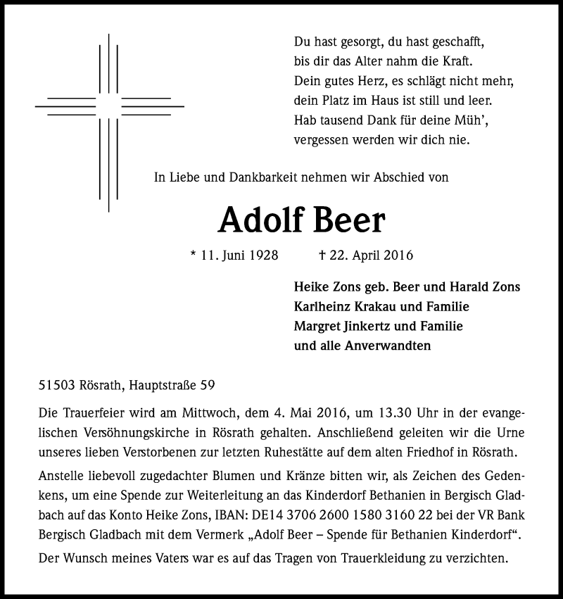  Traueranzeige für Adolf Beer vom 30.04.2016 aus Kölner Stadt-Anzeiger / Kölnische Rundschau / Express
