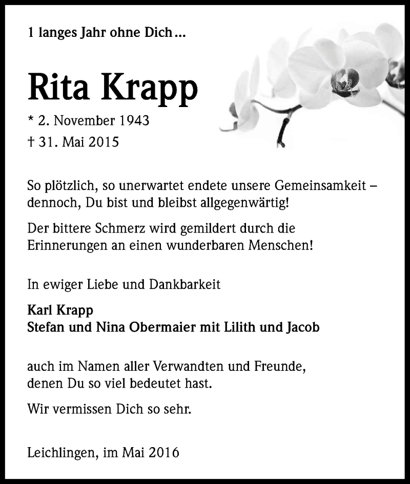  Traueranzeige für Rita Krapp vom 31.05.2016 aus Kölner Stadt-Anzeiger / Kölnische Rundschau / Express
