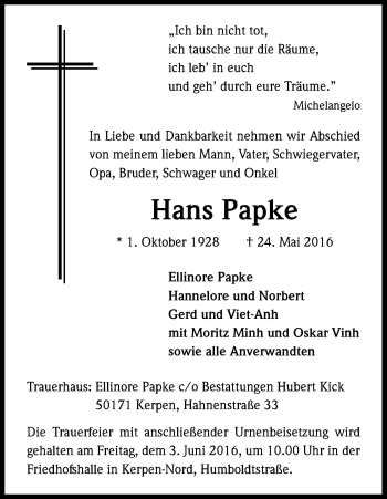 Anzeige von Hans Papke von Kölner Stadt-Anzeiger / Kölnische Rundschau / Express