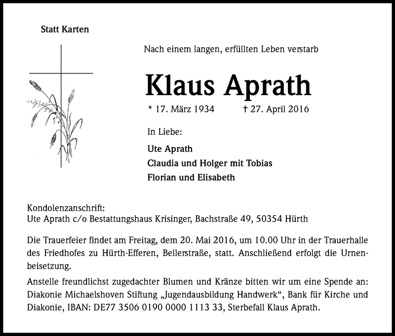  Traueranzeige für Klaus Aprath vom 07.05.2016 aus Kölner Stadt-Anzeiger / Kölnische Rundschau / Express
