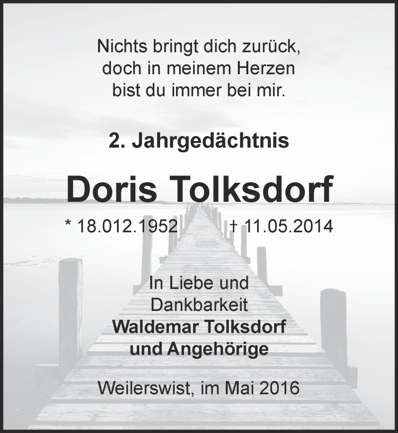  Traueranzeige für Doris Tolksdorf vom 07.05.2016 aus  Blickpunkt Euskirchen 