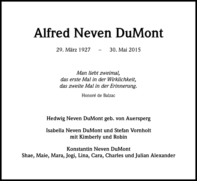  Traueranzeige für Alfred Neven DuMont vom 30.05.2016 aus Kölner Stadt-Anzeiger / Kölnische Rundschau / Express