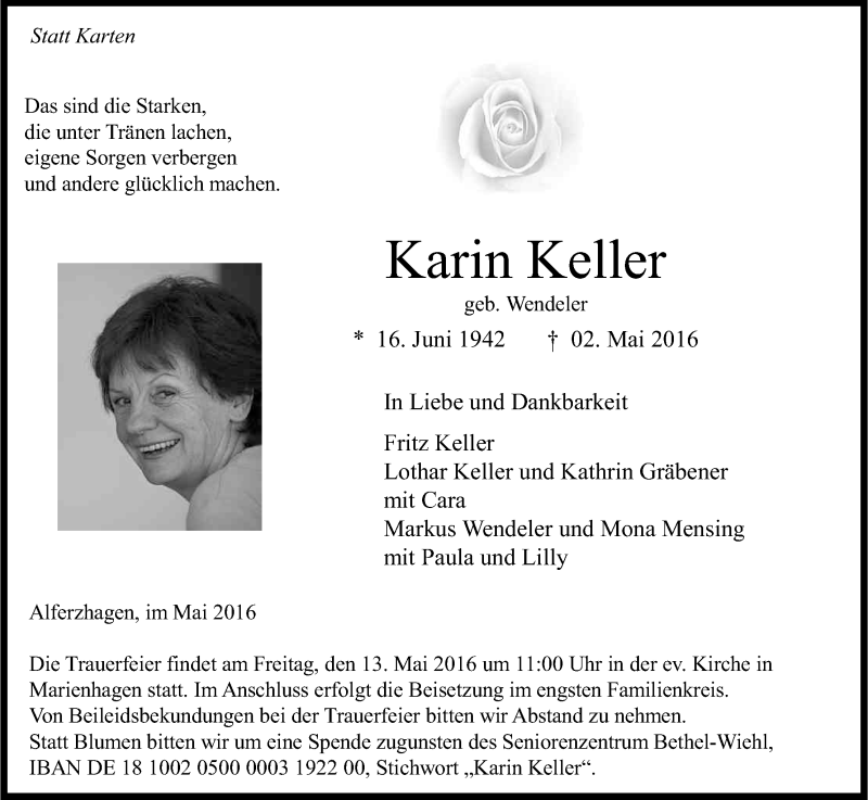  Traueranzeige für Karin Keller vom 10.05.2016 aus Kölner Stadt-Anzeiger / Kölnische Rundschau / Express