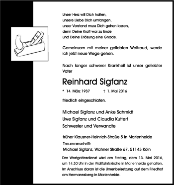 Anzeige von Reinhard Sigfanz von Kölner Stadt-Anzeiger / Kölnische Rundschau / Express