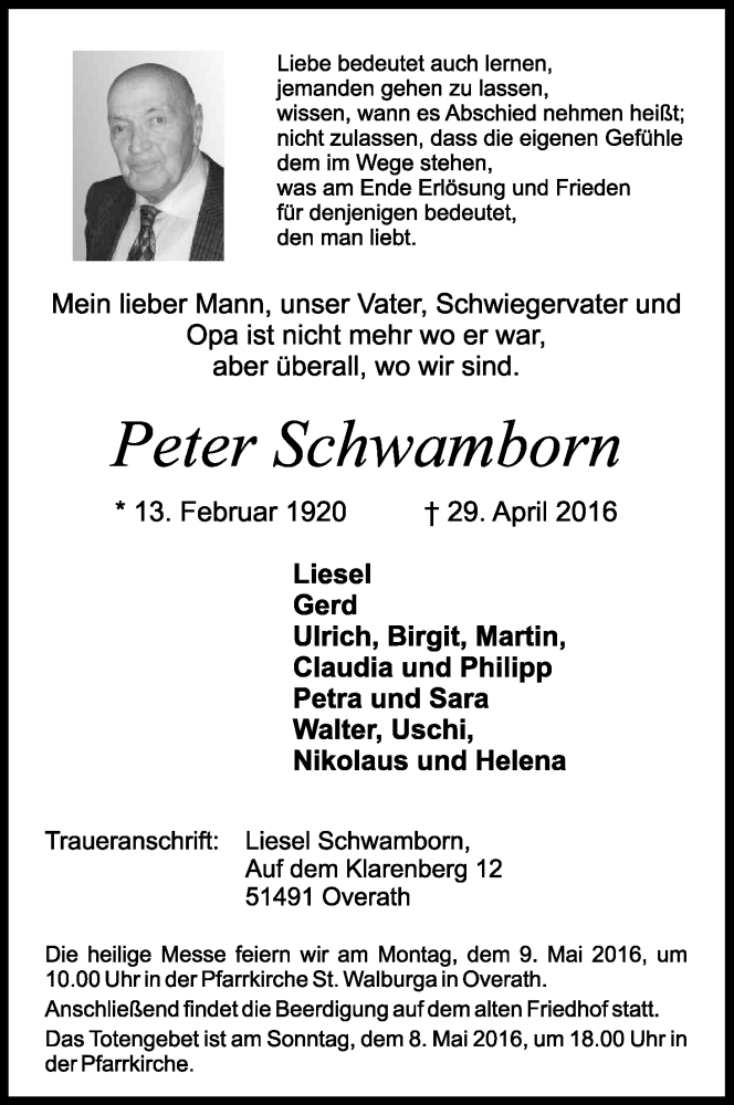  Traueranzeige für Peter Schwamborn vom 03.05.2016 aus Kölner Stadt-Anzeiger / Kölnische Rundschau / Express