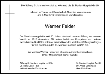 Anzeige von Werner Felder von Kölner Stadt-Anzeiger / Kölnische Rundschau / Express