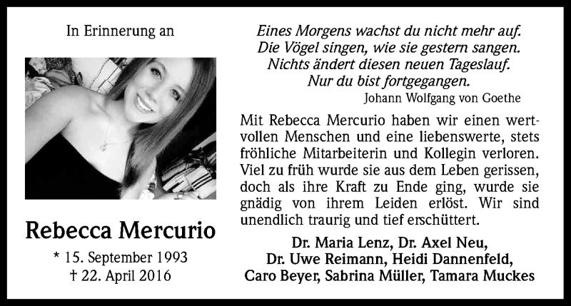  Traueranzeige für Rebecca Mercurio vom 30.04.2016 aus Kölner Stadt-Anzeiger / Kölnische Rundschau / Express