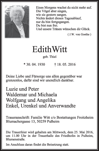 Anzeige von Edith Witt von  Sonntags-Post 