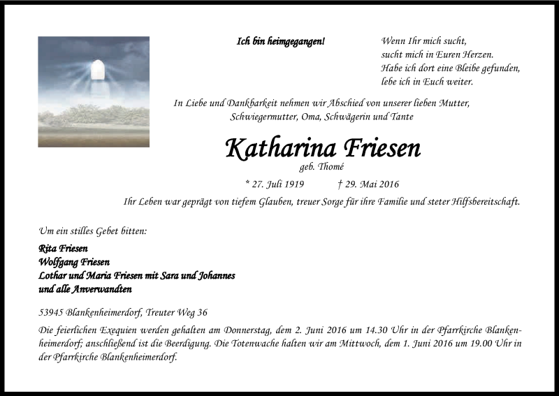  Traueranzeige für Katharina Friesen vom 31.05.2016 aus Kölner Stadt-Anzeiger / Kölnische Rundschau / Express