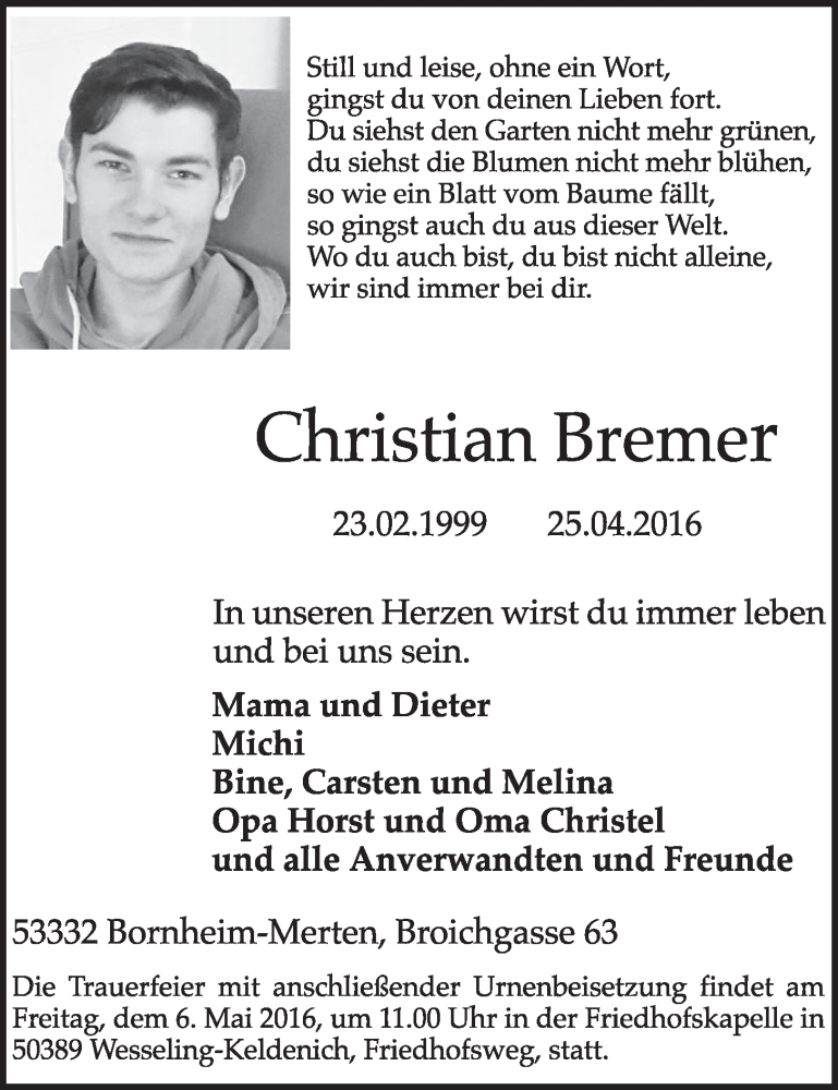  Traueranzeige für Christian Bremer vom 04.05.2016 aus  Schlossbote/Werbekurier 
