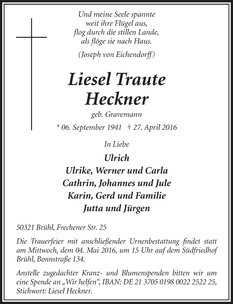  Traueranzeige für Liesel Traute Heckner vom 04.05.2016 aus  Schlossbote/Werbekurier 