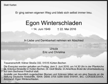 Anzeige von Egon Winterschladen von Kölner Stadt-Anzeiger / Kölnische Rundschau / Express