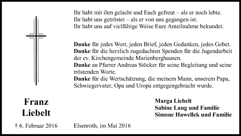  Traueranzeige für Franz Liebelt vom 28.05.2016 aus Kölner Stadt-Anzeiger / Kölnische Rundschau / Express