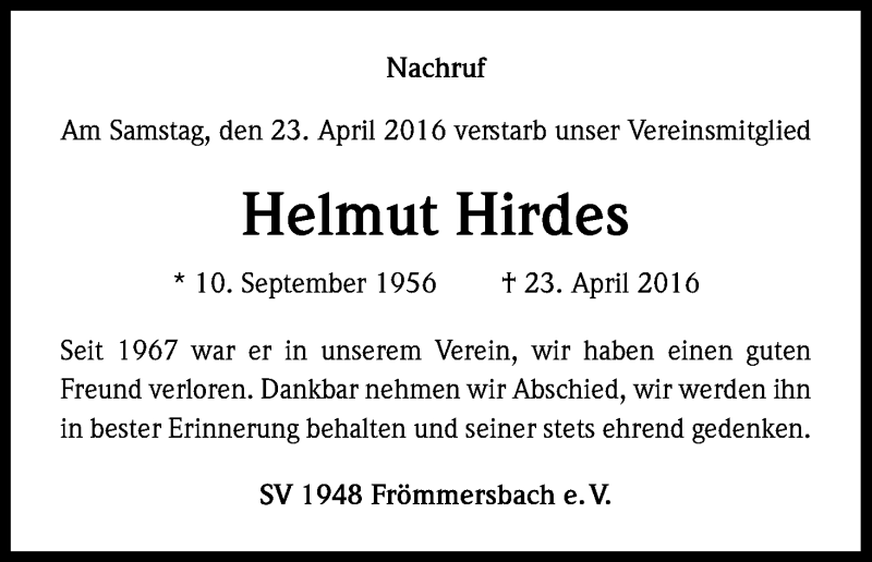  Traueranzeige für Helmut Hirdes vom 28.04.2016 aus Kölner Stadt-Anzeiger / Kölnische Rundschau / Express