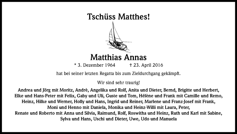  Traueranzeige für Matthes Annas vom 07.05.2016 aus Kölner Stadt-Anzeiger / Kölnische Rundschau / Express