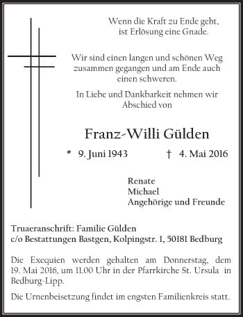 Anzeige von Franz-Willi Gülden von  Sonntags-Post 