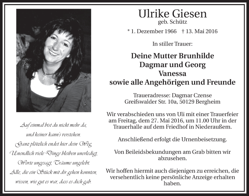  Traueranzeige für Ulrike Giesen vom 21.05.2016 aus  Sonntags-Post 