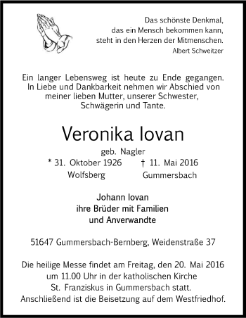 Anzeige von Veronika lovan von Kölner Stadt-Anzeiger / Kölnische Rundschau / Express