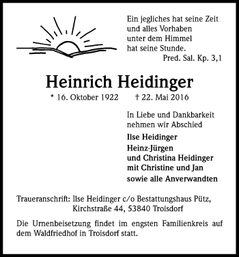 Anzeige von Heinrich Heidinger von Kölner Stadt-Anzeiger / Kölnische Rundschau / Express