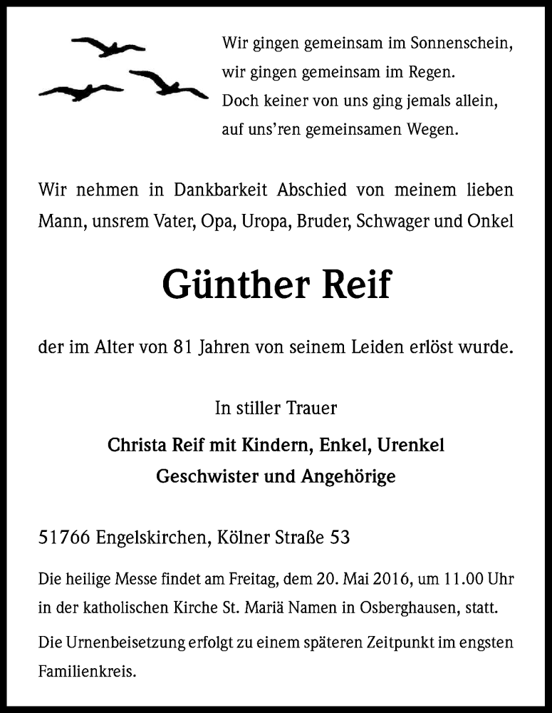  Traueranzeige für Günther Reif vom 19.05.2016 aus Kölner Stadt-Anzeiger / Kölnische Rundschau / Express