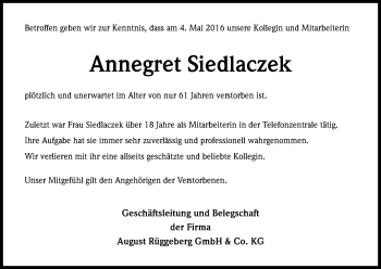 Anzeige von Annegret Siedlaczek von Kölner Stadt-Anzeiger / Kölnische Rundschau / Express