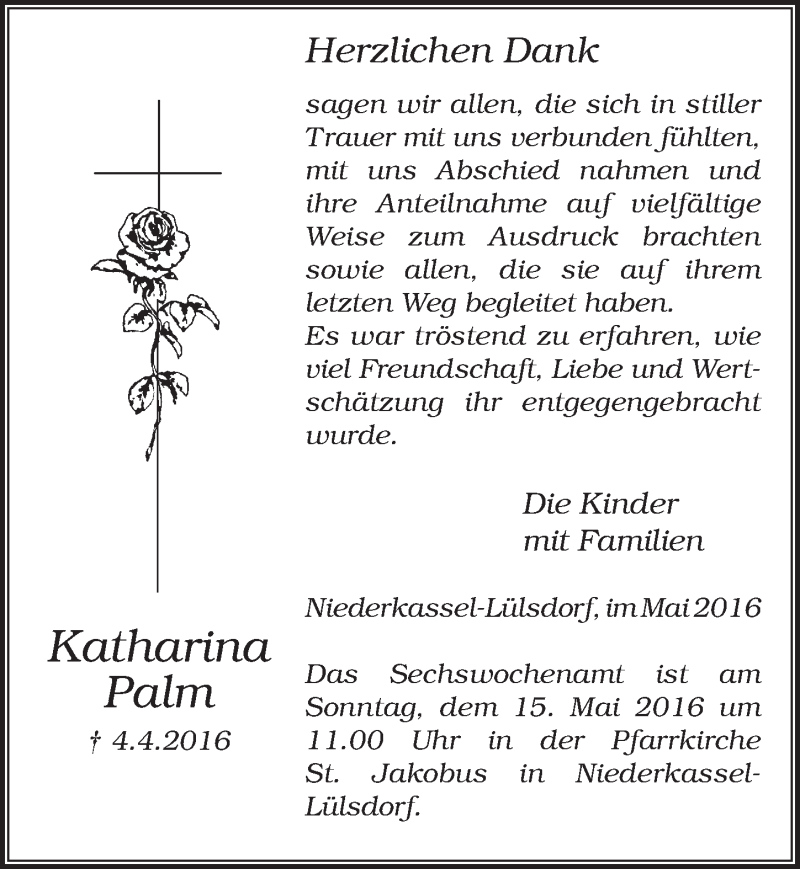  Traueranzeige für Katharina Palm vom 04.05.2016 aus  Extra Blatt 