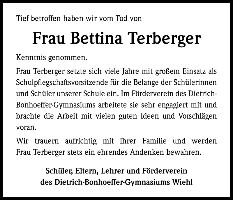  Traueranzeige für Bettina Terberger vom 20.05.2016 aus Kölner Stadt-Anzeiger / Kölnische Rundschau / Express