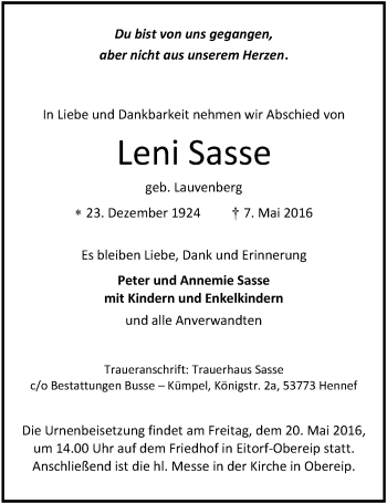 Anzeige von Leni Sasse von  Extra Blatt 