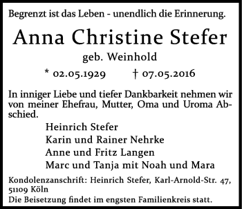 Anzeige von Anna Christine Stefer von Kölner Stadt-Anzeiger / Kölnische Rundschau / Express