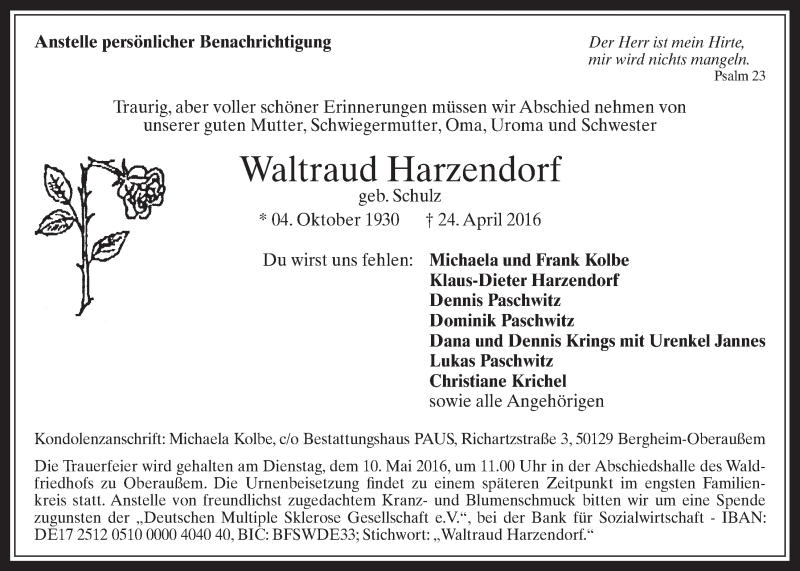  Traueranzeige für Waltraud Harzendorf vom 04.05.2016 aus  Werbepost 