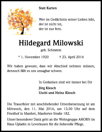 Anzeige von Hildegard Milowski von Kölner Stadt-Anzeiger / Kölnische Rundschau / Express
