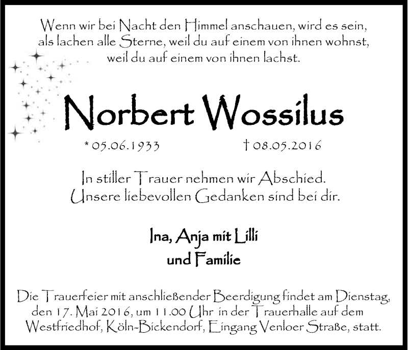  Traueranzeige für Norbert Wossilus vom 14.05.2016 aus Kölner Stadt-Anzeiger / Kölnische Rundschau / Express