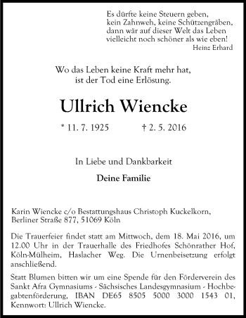 Anzeige von Ullrich Wiencke von Kölner Stadt-Anzeiger / Kölnische Rundschau / Express