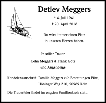 Anzeige von Detlev Meggers von Kölner Stadt-Anzeiger / Kölnische Rundschau / Express