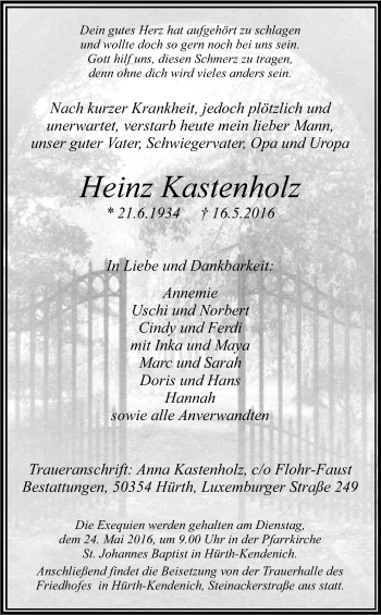 Anzeige von Heinz Kastenholz von Kölner Stadt-Anzeiger / Kölnische Rundschau / Express