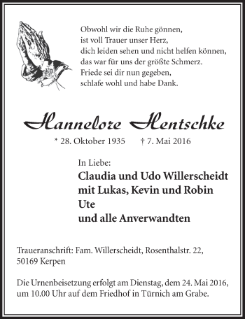 Anzeige von Hannelore Hentschke von  Sonntags-Post 