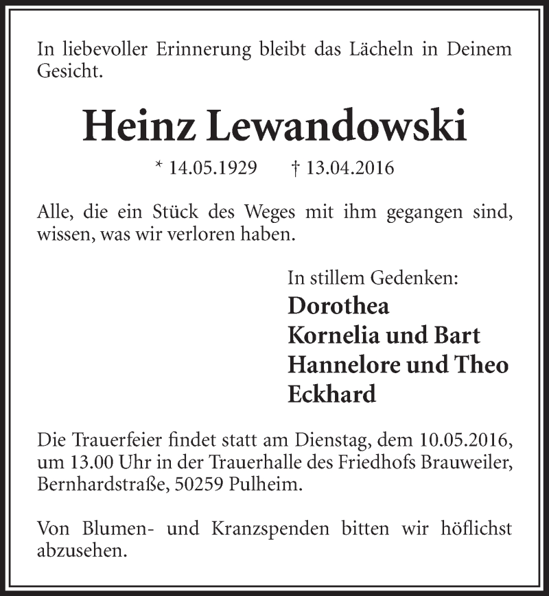  Traueranzeige für Heinz Lewandowski vom 07.05.2016 aus  Sonntags-Post 