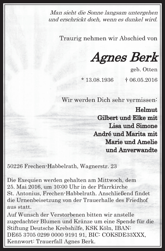  Traueranzeige für Agnes Berk vom 18.05.2016 aus  Wochenende  Werbepost 