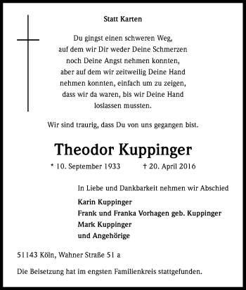 Anzeige von Theodor Kuppinger von Kölner Stadt-Anzeiger / Kölnische Rundschau / Express