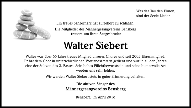  Traueranzeige für Walter Siebert vom 28.04.2016 aus Kölner Stadt-Anzeiger / Kölnische Rundschau / Express