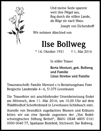Anzeige von Ilse Bollweg von Kölner Stadt-Anzeiger / Kölnische Rundschau / Express