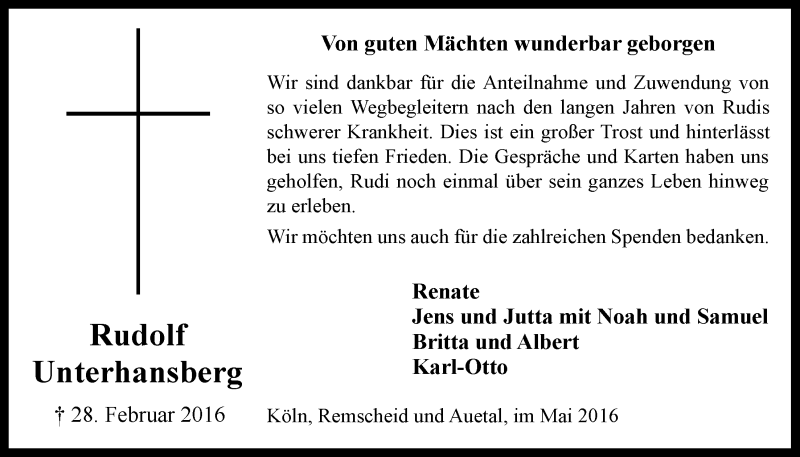  Traueranzeige für Rudolf Unterhansberg vom 04.05.2016 aus  Kölner Wochenspiegel 