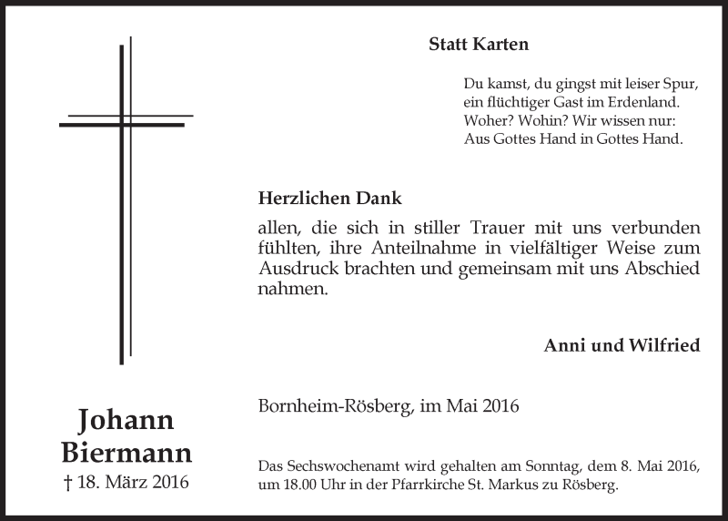  Traueranzeige für Johann Biermann vom 04.05.2016 aus  Schaufenster/Blickpunkt 