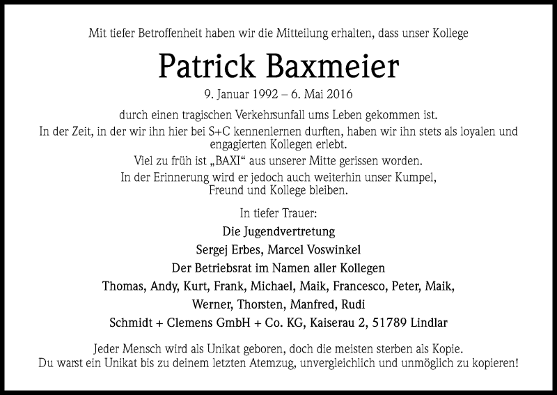  Traueranzeige für Patrick Baxmeier vom 14.05.2016 aus Kölner Stadt-Anzeiger / Kölnische Rundschau / Express