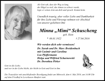 Anzeige von Minna Schuscheng von Kölner Stadt-Anzeiger / Kölnische Rundschau / Express